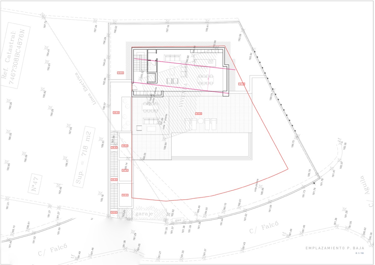 Technical site plan and ground floor layout showing the villa's distribution, swimming pool area, and access points from Falcó Street.