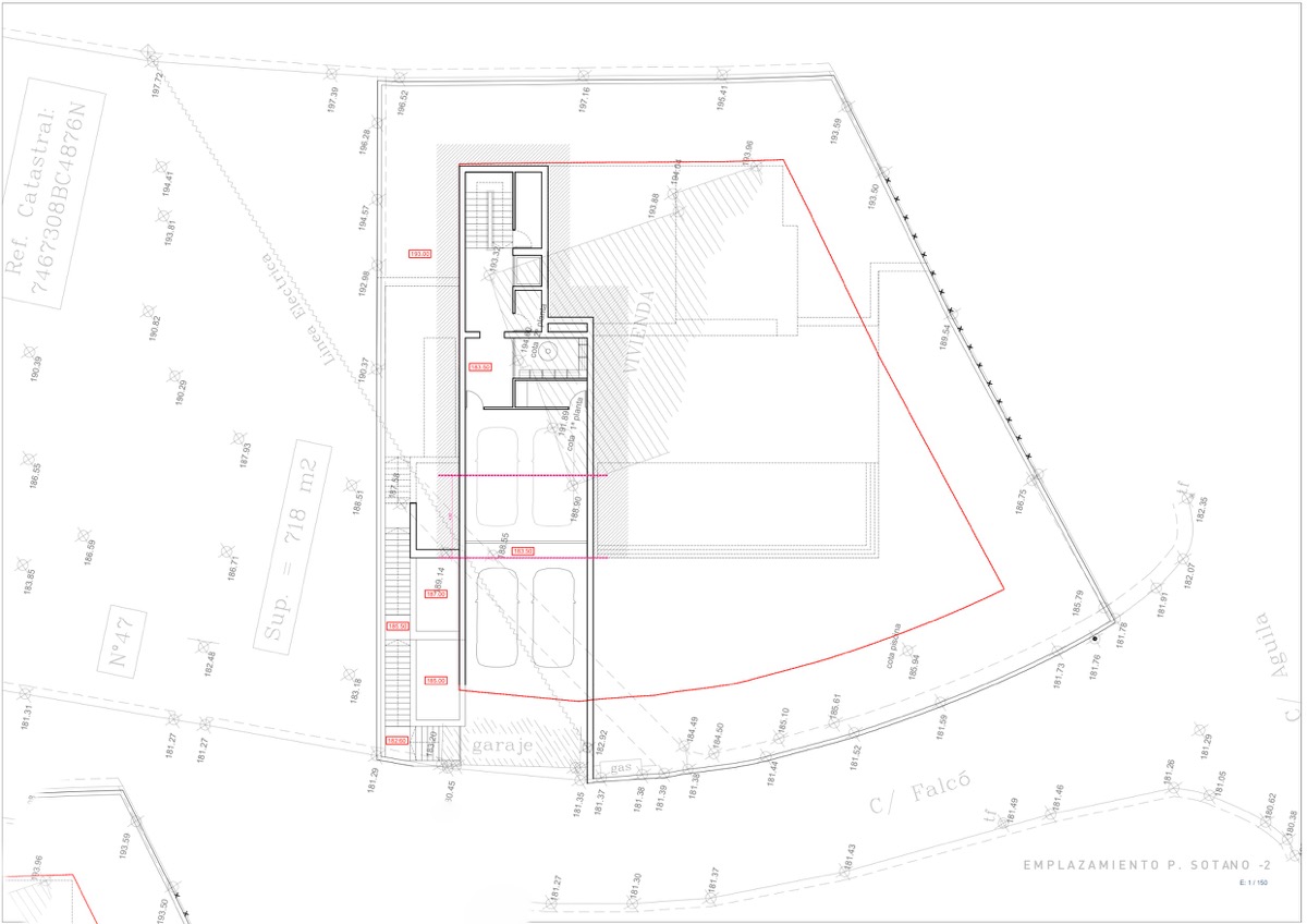 Technical site plan for basement level -2, showing the garage layout, elevator access, and property boundaries for the modern villa project.