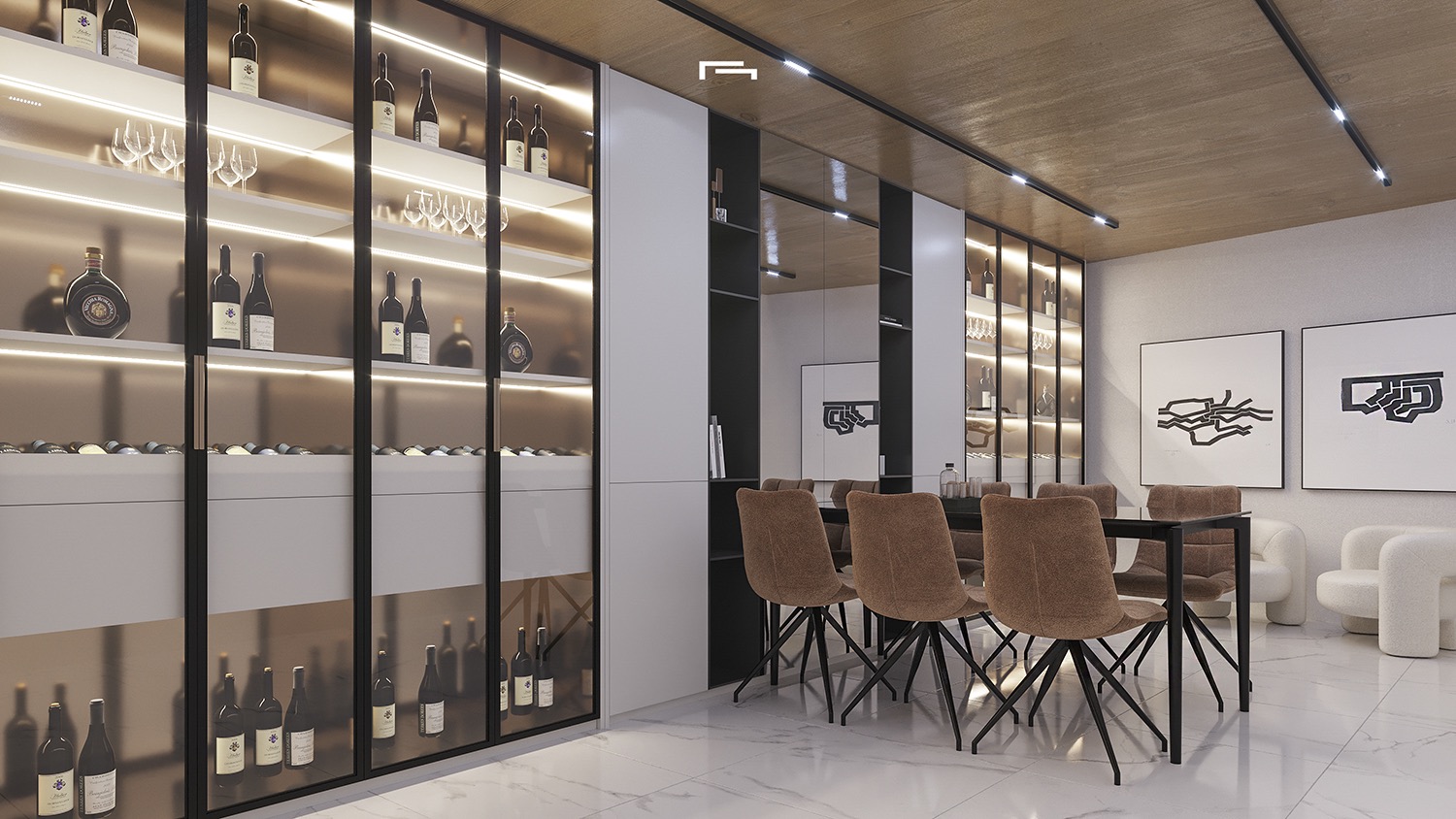 Designer wine cellar featuring backlit glass display cabinets, a tasting table with upholstered chairs, and wood-paneled ceilings with track lighting.