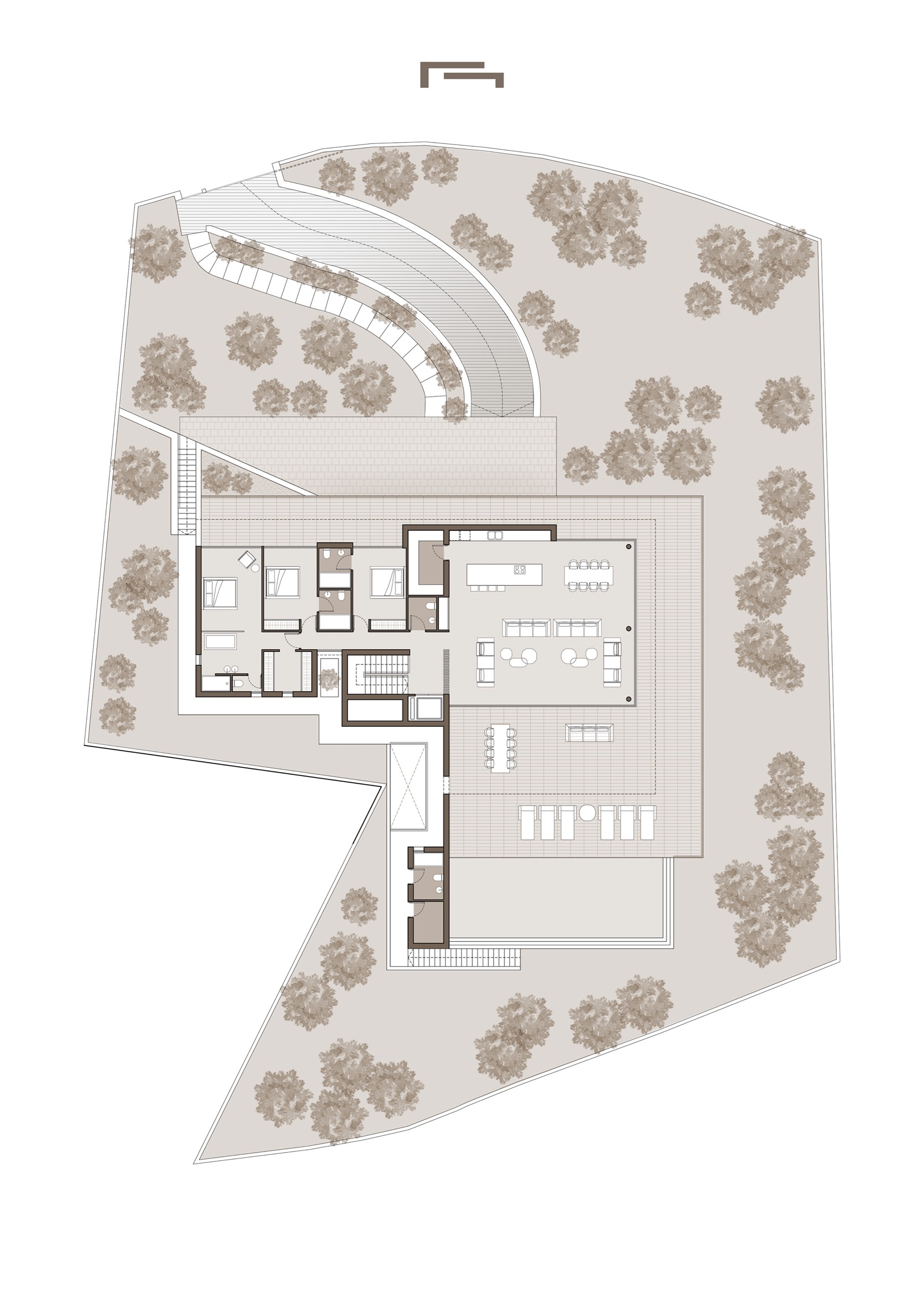 Detailed architectural floor plan of the upper level, featuring three ensuite bedrooms, open-plan living area, and a large terrace with an infinity pool.