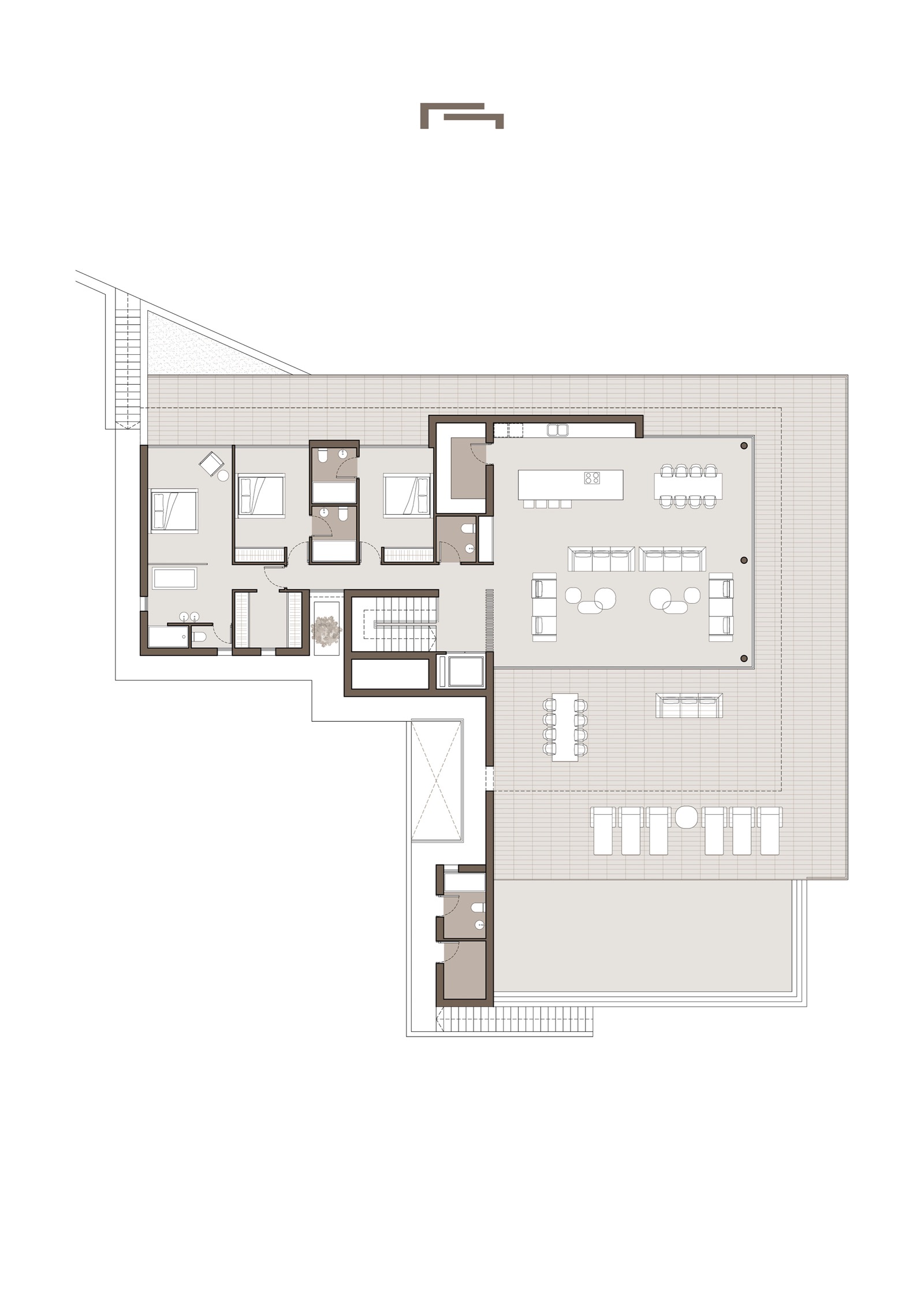 Detailed floor plan of the upper level featuring an open-plan living area, three en-suite bedrooms, and an expansive terrace with an infinity pool.