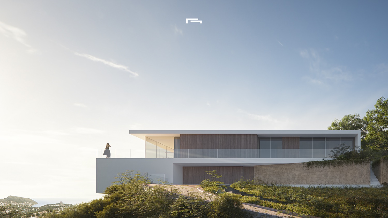 Exterior facade of the minimalist villa featuring wood paneling and natural stone walls, highlighting the cantilevered terrace with glass railings and sea views.