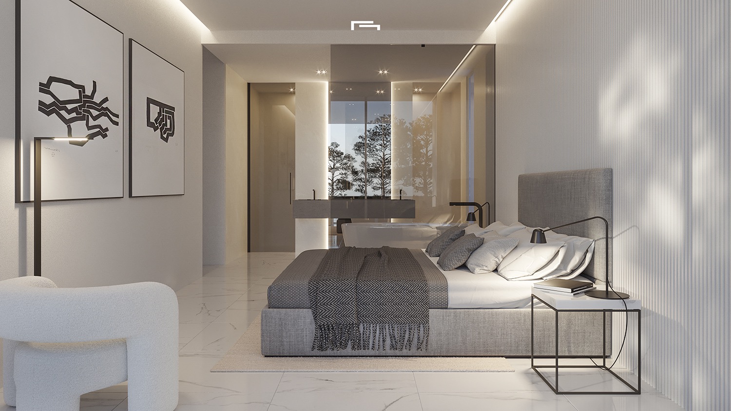 Master bedroom featuring an integrated open-concept bathroom with a freestanding tub, marble floors, and textured wall panels.