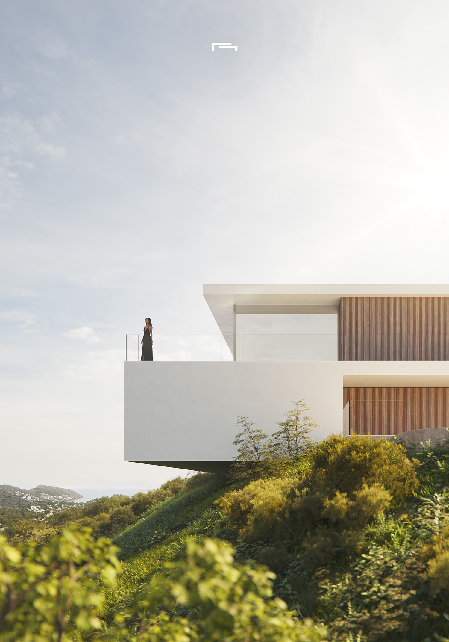 Minimalist facade featuring white cantilevered structures and wooden slats, set on a hillside with panoramic sea views and lush greenery.