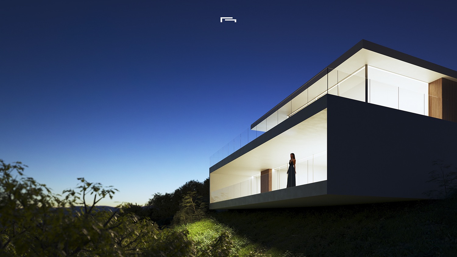 Night exterior view of the modern villa featuring cantilevered floors, glass railings, and warm interior lighting that emphasizes the minimalist architectural lines.