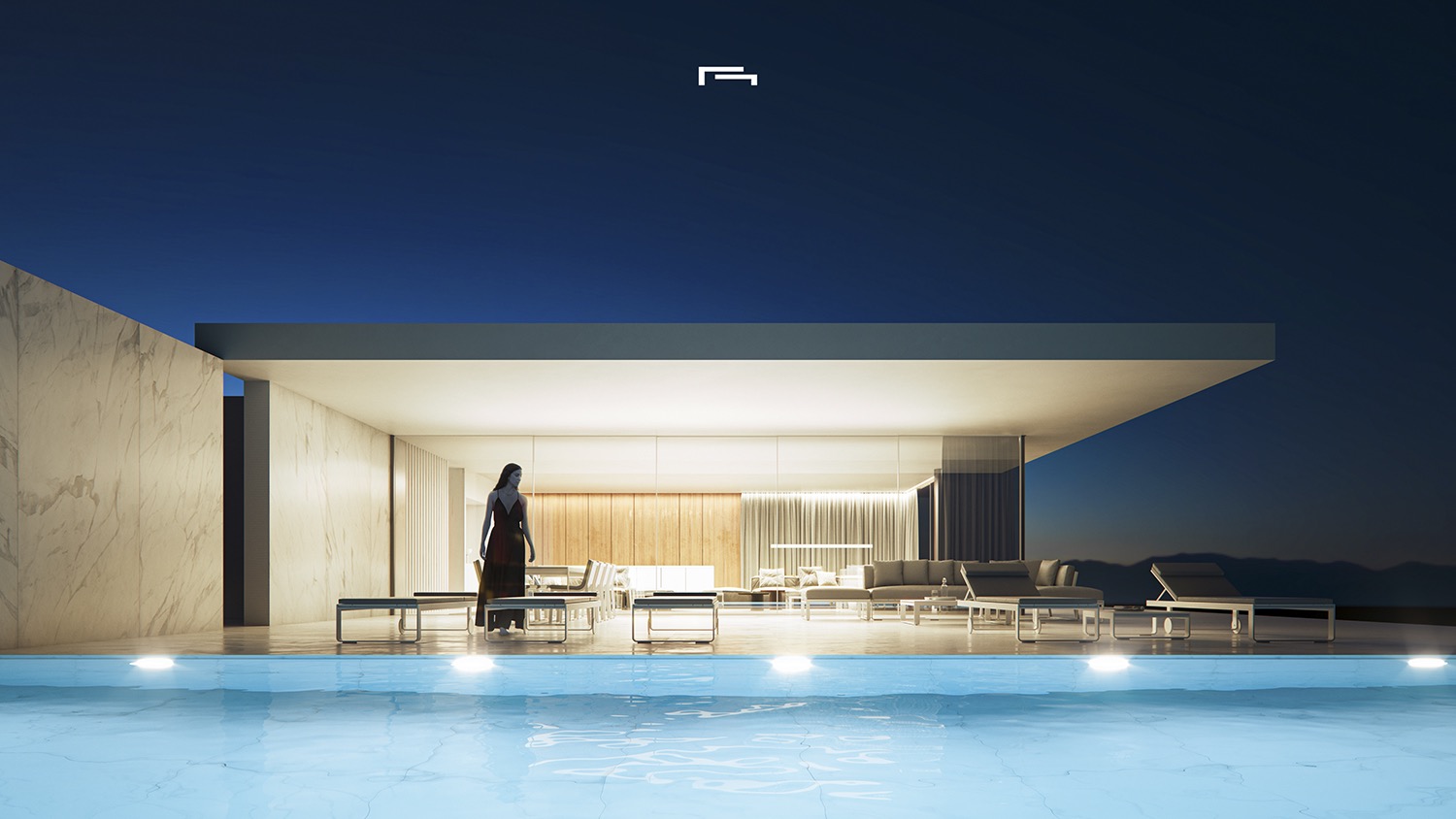 Night view of the main terrace featuring an illuminated pool, sun loungers, and floor-to-ceiling glass walls revealing the warm interior living space.