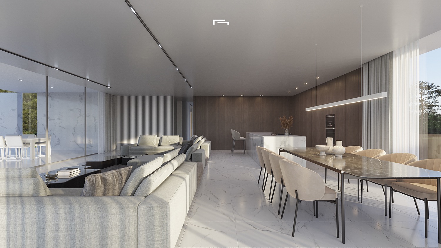 Open-plan living and dining area featuring marble flooring, a dark stone dining table, and a minimalist kitchen with wood paneling and a white marble island.