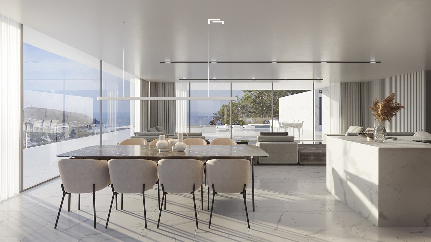 Open-plan living and dining area featuring white marble floors, a dark stone dining table, and floor-to-ceiling windows with panoramic sea views.