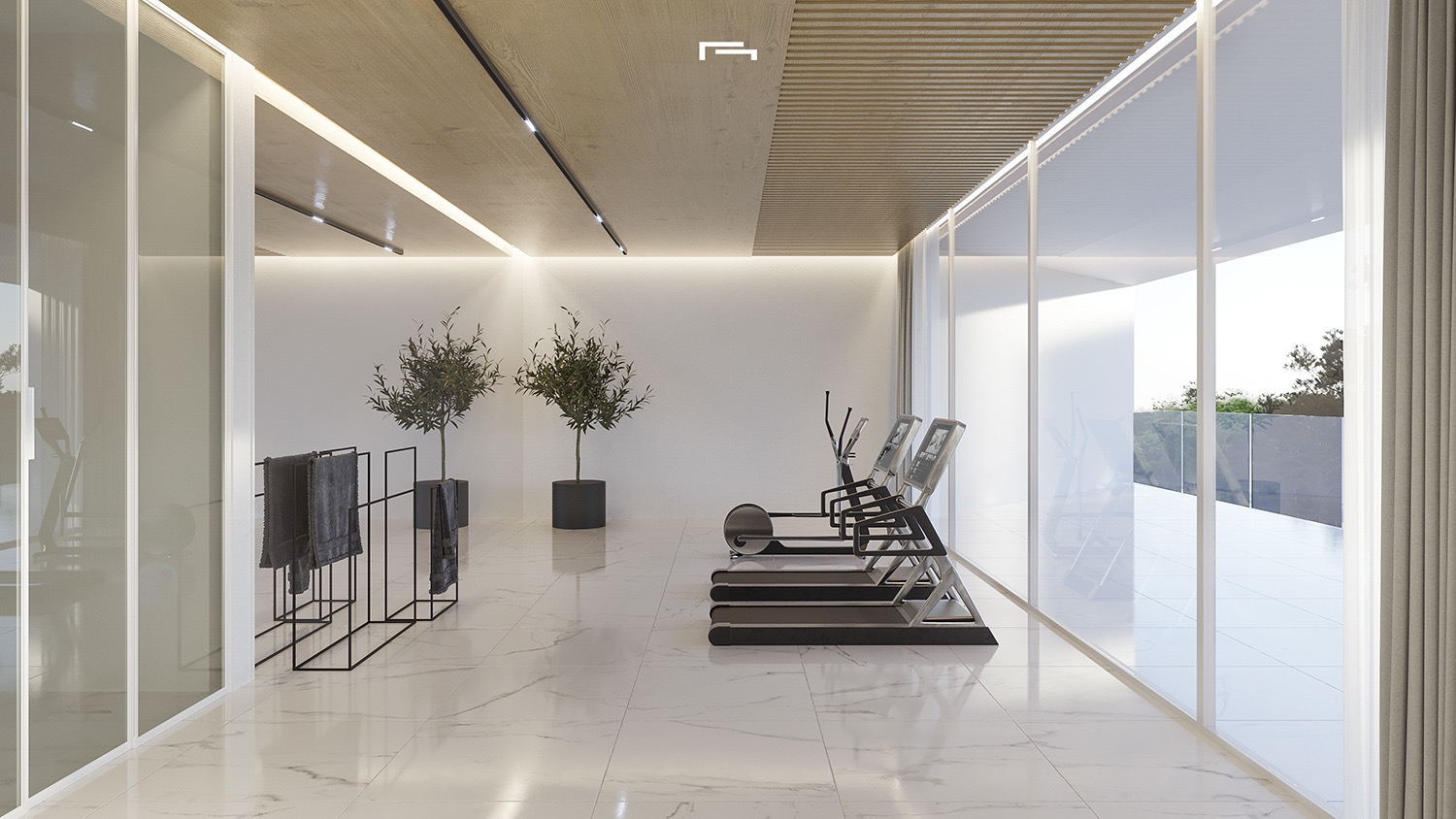 Private gym featuring marble-effect flooring, wood-paneled ceilings with slatted details, and floor-to-ceiling glass walls for abundant natural light.