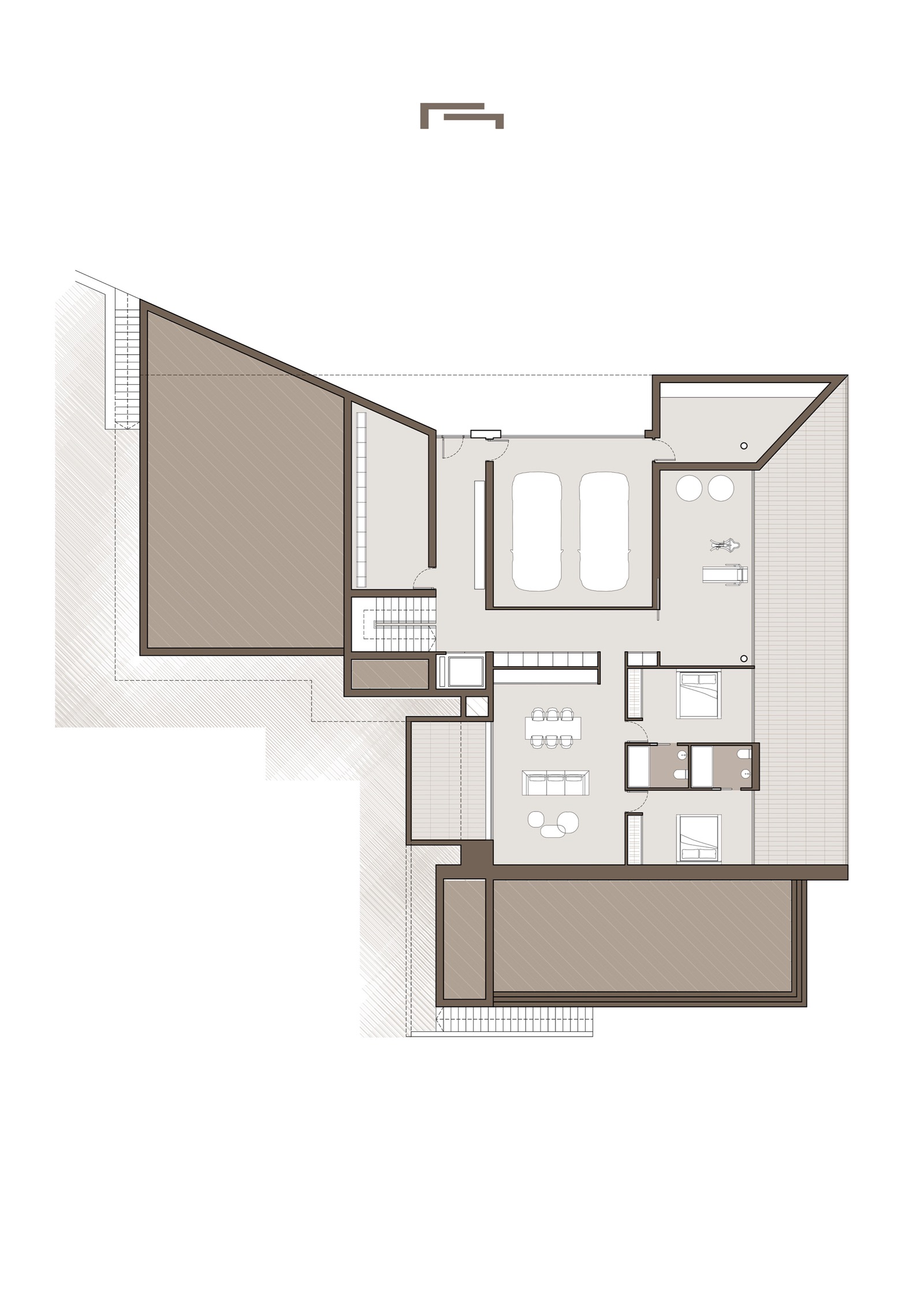 Technical floor plan of the ground level, including a two-car garage, gym area, lounge, wine cellar, and two bedrooms with en-suite bathrooms.