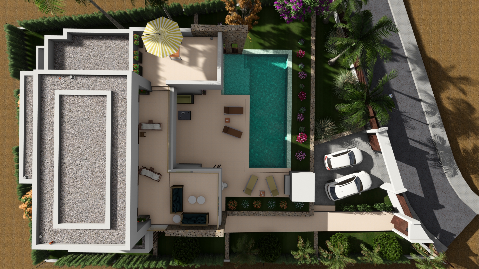 Aerial view of the villa showcasing the rectangular pool, garden, and parking area with two cars.