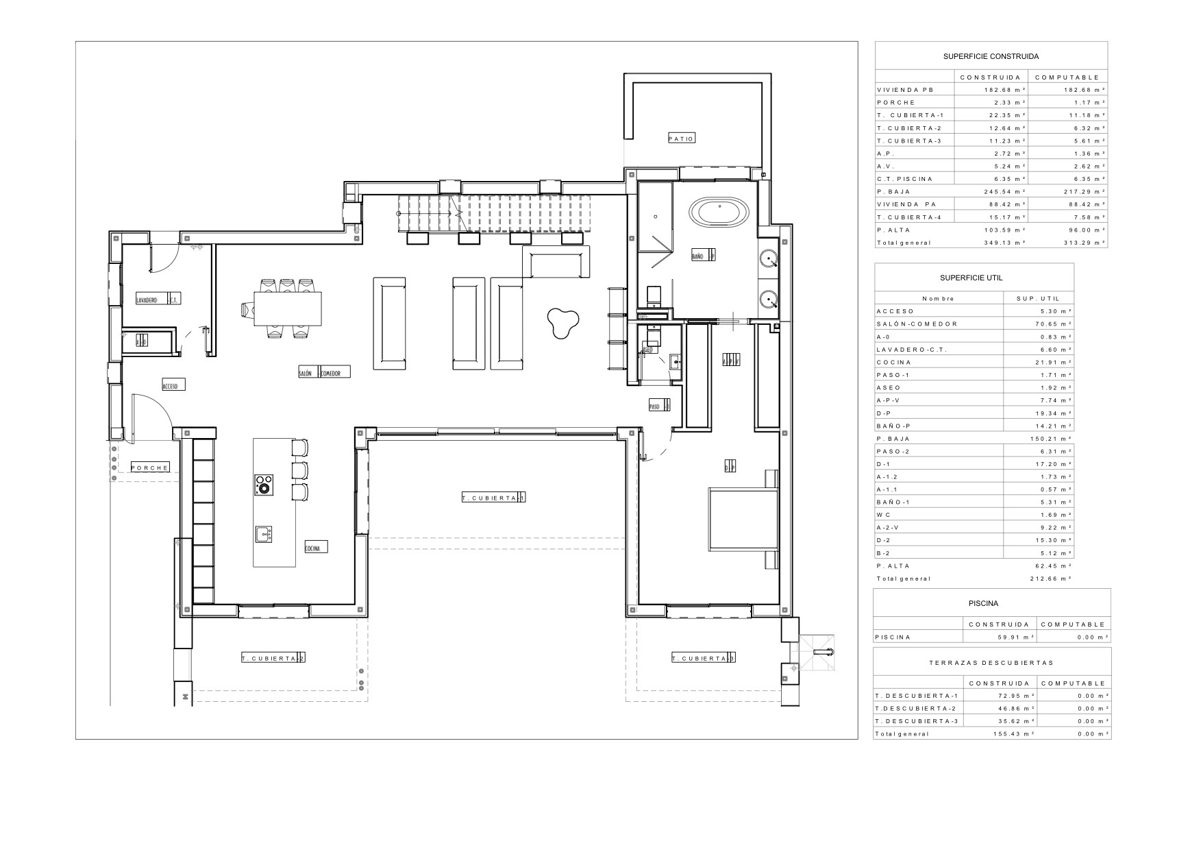Architectural floor plan of the ground floor, showing the layout of the kitchen, living-dining room, and patio.
