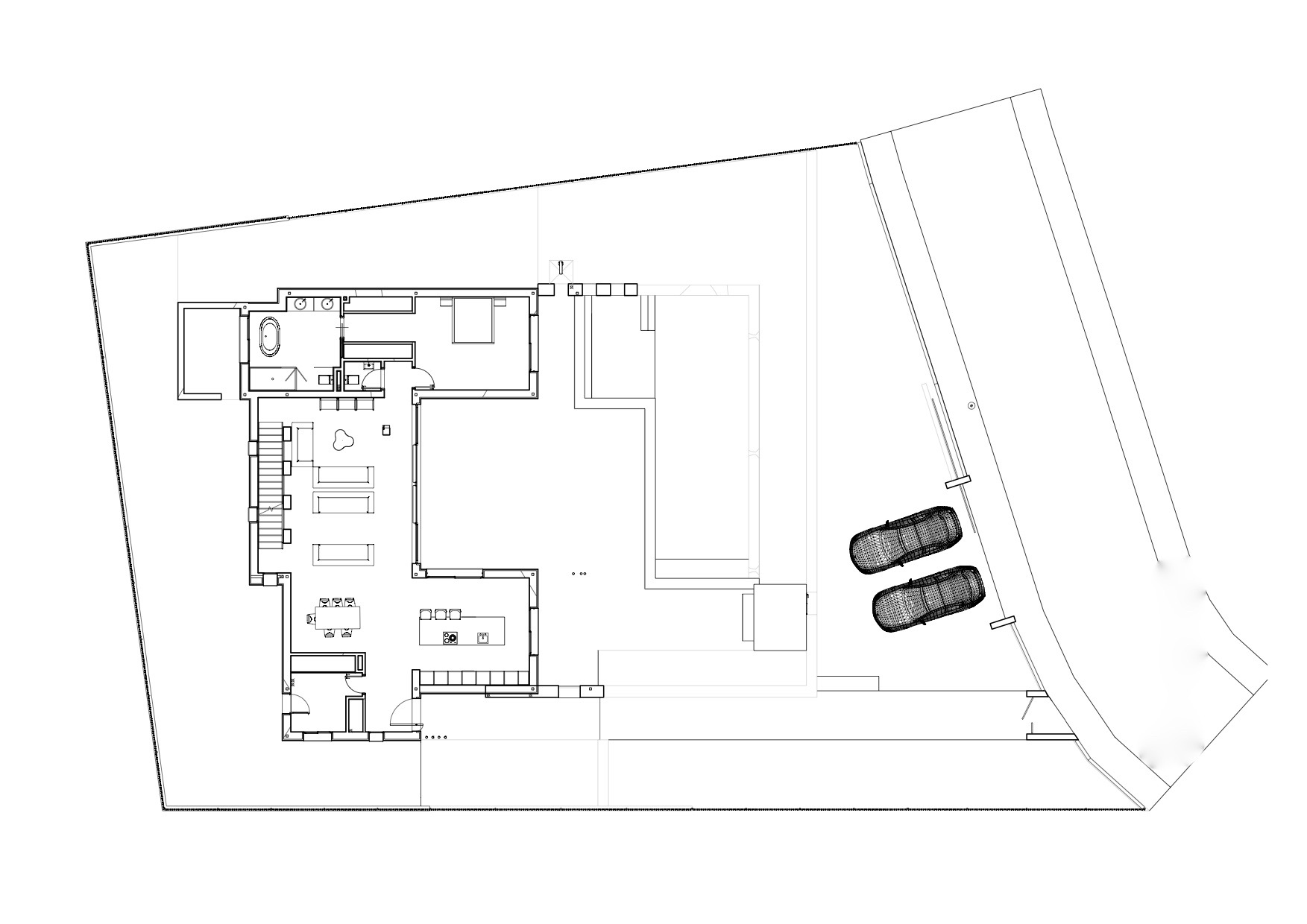 Architectural plan of the villa showing the layout of interior and exterior spaces, including the pool and parking area.
