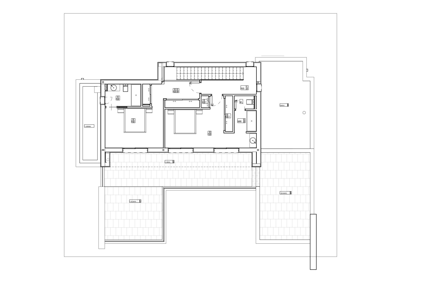 Detailed architectural plan of a modern villa featuring a pool and terraces.
