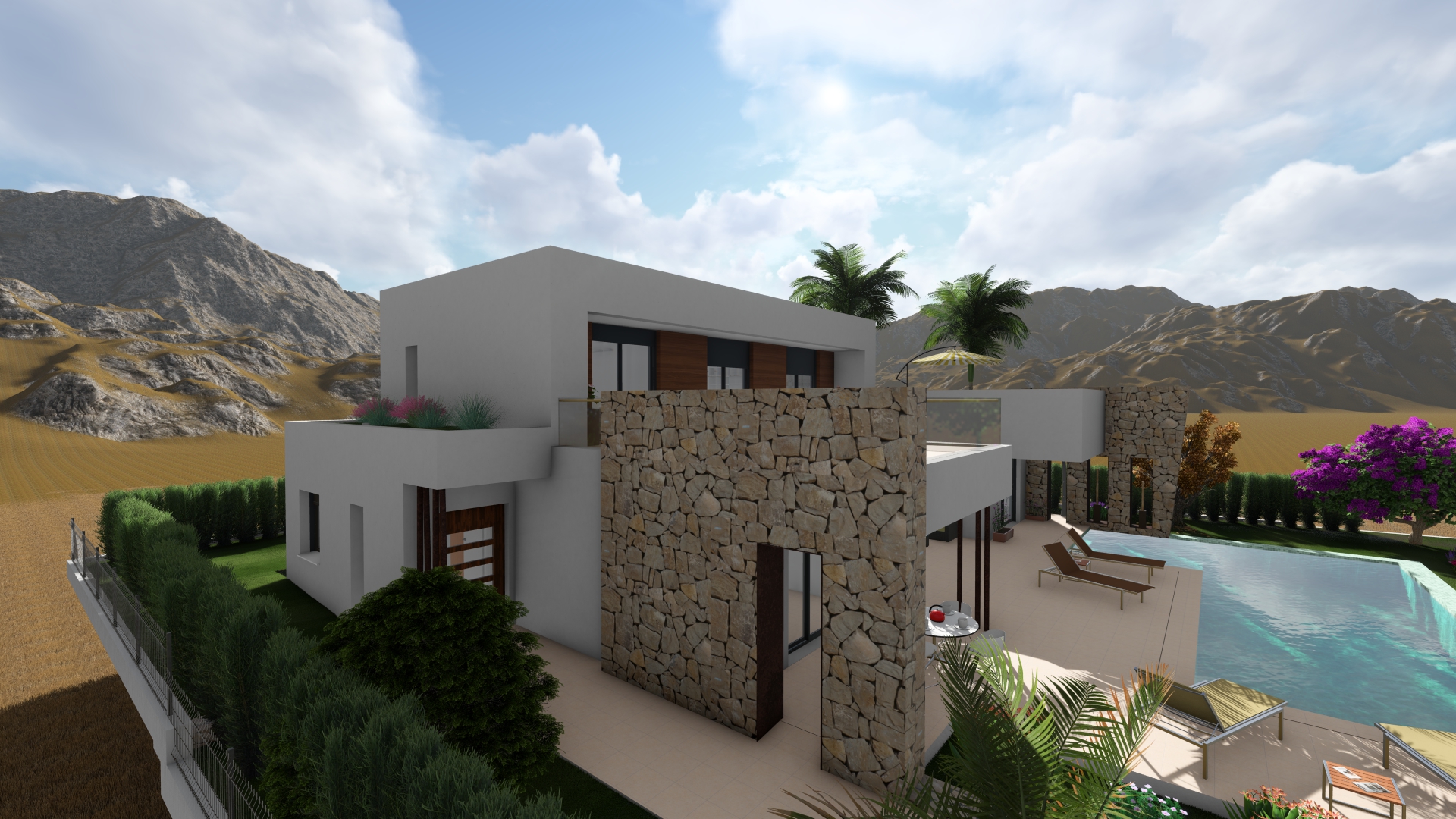 Exterior view of the villa featuring a stone facade and private pool.