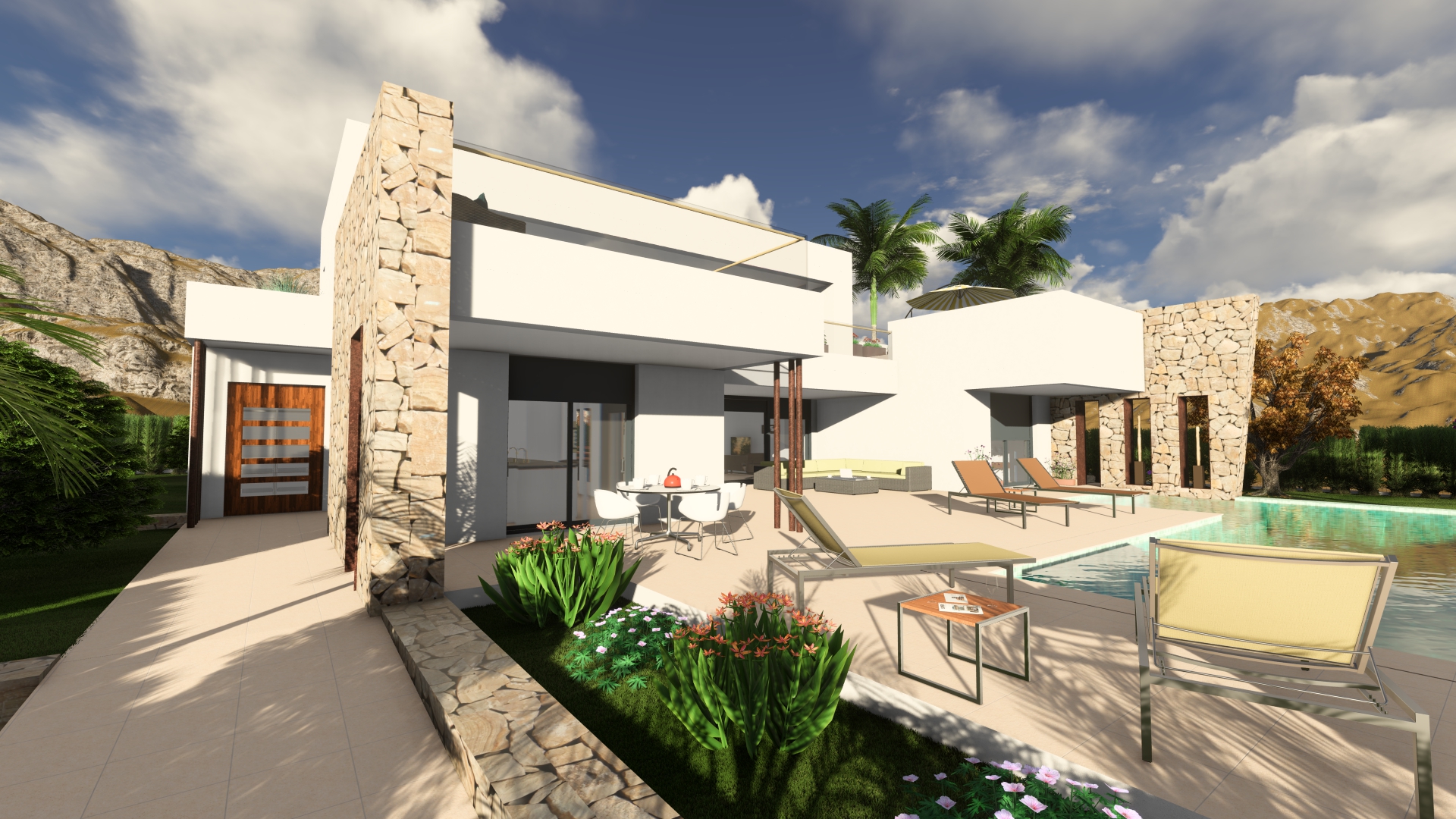 Patio view with pool, sunbeds, and lush greenery, highlighting modern architecture with stone accents.