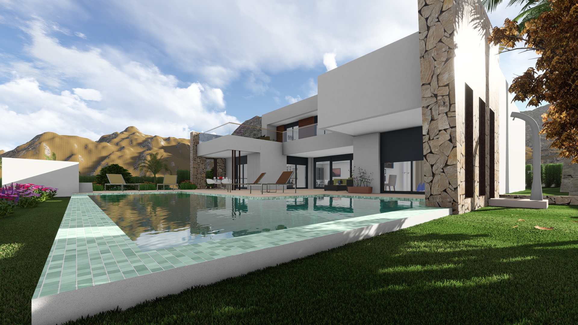 Pool view with turquoise mosaic tile edge and modern villa featuring natural stone accents and green lawn.