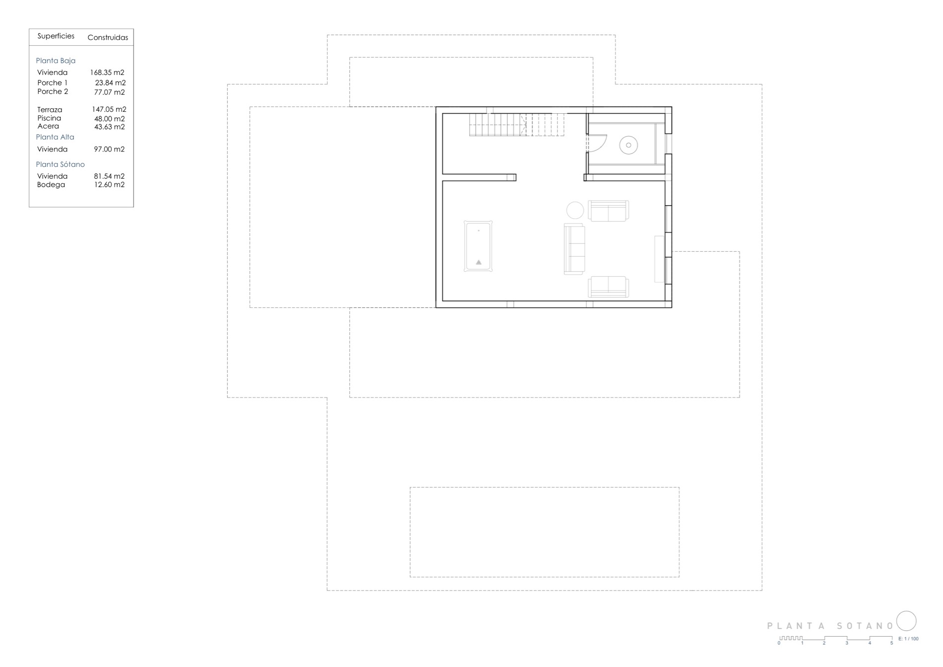 Architectural floor plan showing the layout of the ground floor including the house, terrace, and pool.