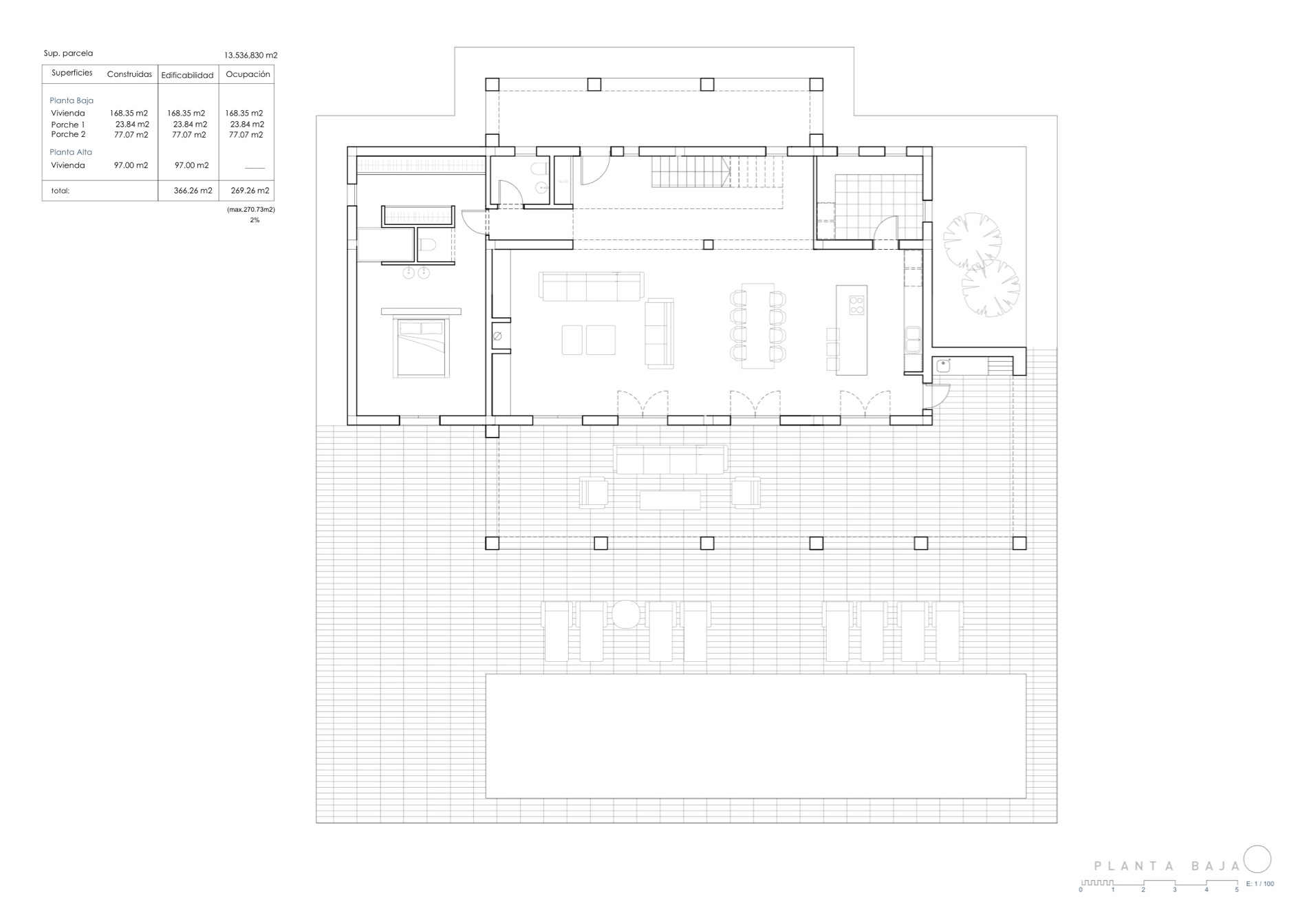 Architectural plan of a villa with a pool, terrace, and garden on the ground floor.