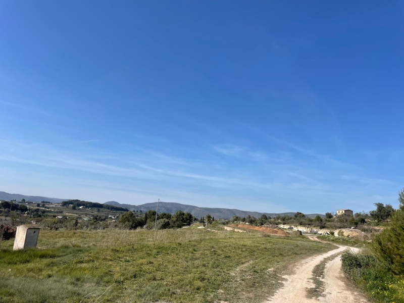 View of the land with a dirt road and mountainous horizon under a clear blue sky.