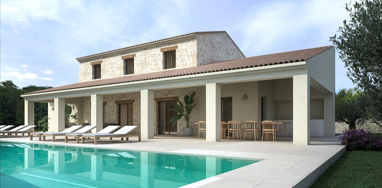 Villa view featuring a turquoise pool, stone facade, and covered terrace with outdoor dining.