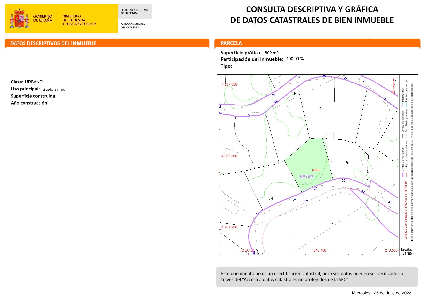 Official cadastral map detailing the 802 m2 urban plot, showing its technical boundaries, geographical location, and graphic surface data.