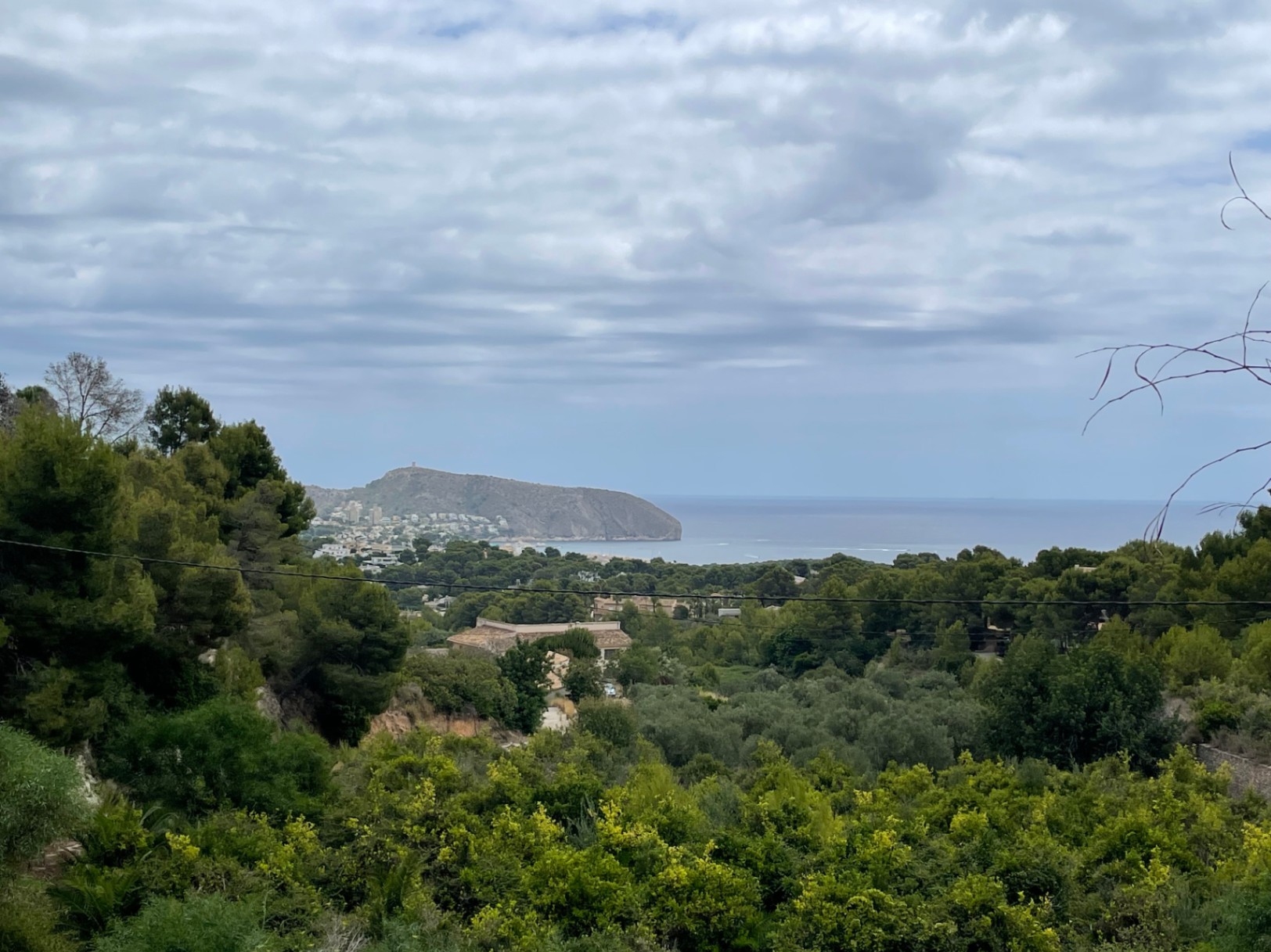 Panoramic views of the Mediterranean Sea and Cap d'Or from the elevated plot in Benimeit, surrounded by native vegetation and pine trees.