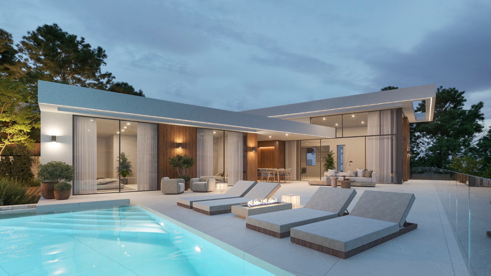 Exterior terrace with illuminated pool, lounge area with fire pit, and modern facade featuring wood finishes and expansive glass doors.