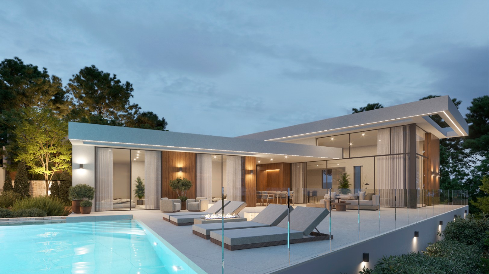 Modern villa exterior featuring an illuminated pool, spacious tiled terrace with glass balustrades, and wood-paneled walls under integrated architectural LED lighting.