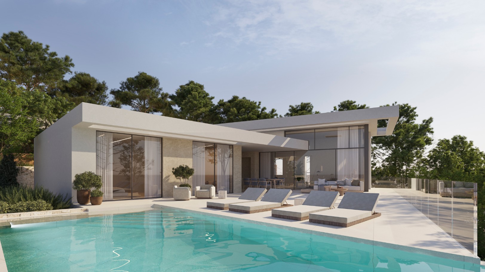 Modern villa exterior featuring an infinity pool, porcelain tile terrace, designer sun loungers, and large glass walls connecting the living areas to the outdoors.