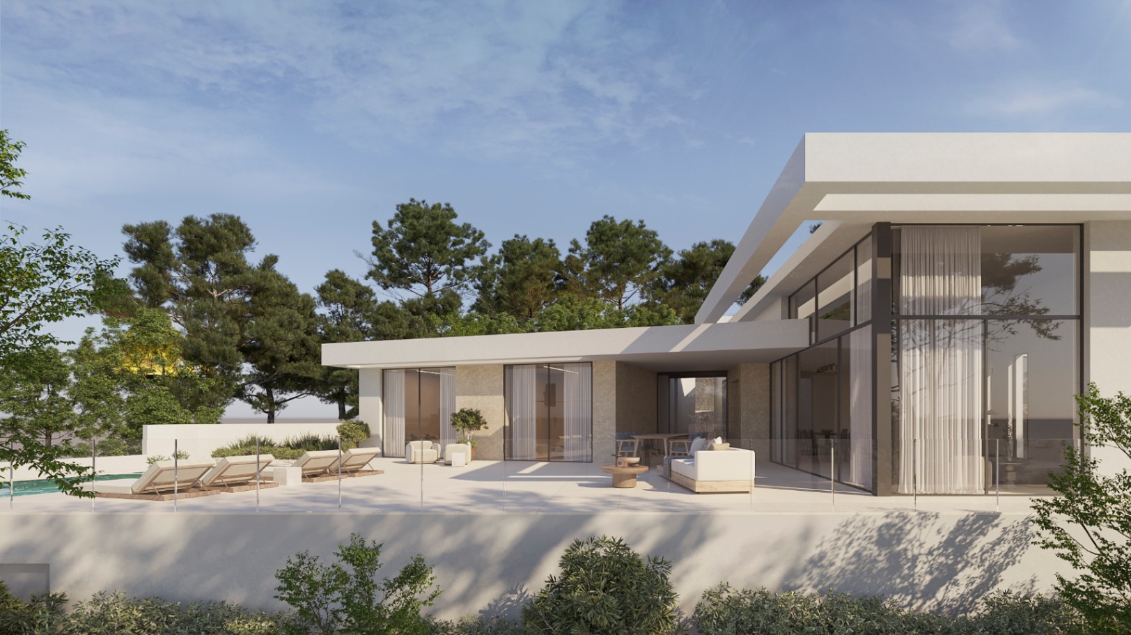 Modern villa exterior featuring expansive floor-to-ceiling windows, a large tiled terrace with lounge furniture and glass railings against a pine forest backdrop.