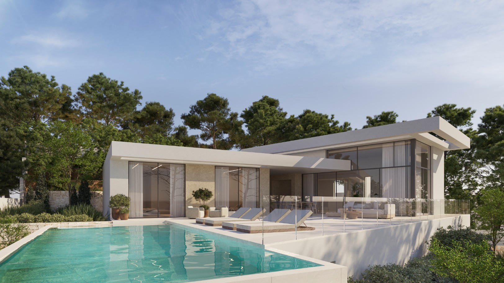 Modern villa facade featuring an infinity pool, spacious porcelain terrace with glass railings, and floor-to-ceiling windows surrounded by native pine trees.