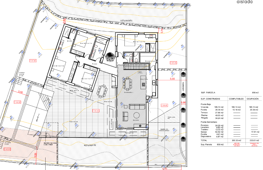 Technical floor plan of the ground floor detailing the layout of four bedrooms, open-plan living area, and the expansive outdoor terrace with a private pool.