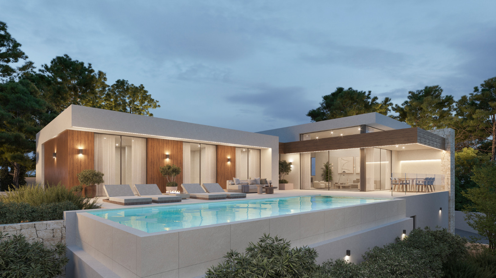 Evening exterior view featuring an infinity pool, wood-paneled facades, and floor-to-ceiling glass walls. The terrace offers integrated lighting, sun loungers, and an outdoor dining area.