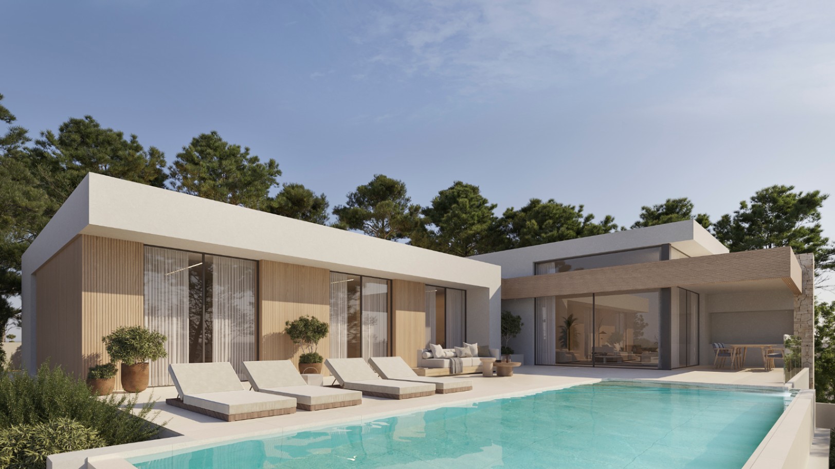 Modern villa exterior featuring a turquoise pool, light wood cladding, and large glass doors. The terrace offers a sunbathing area and covered outdoor dining amidst pine trees.