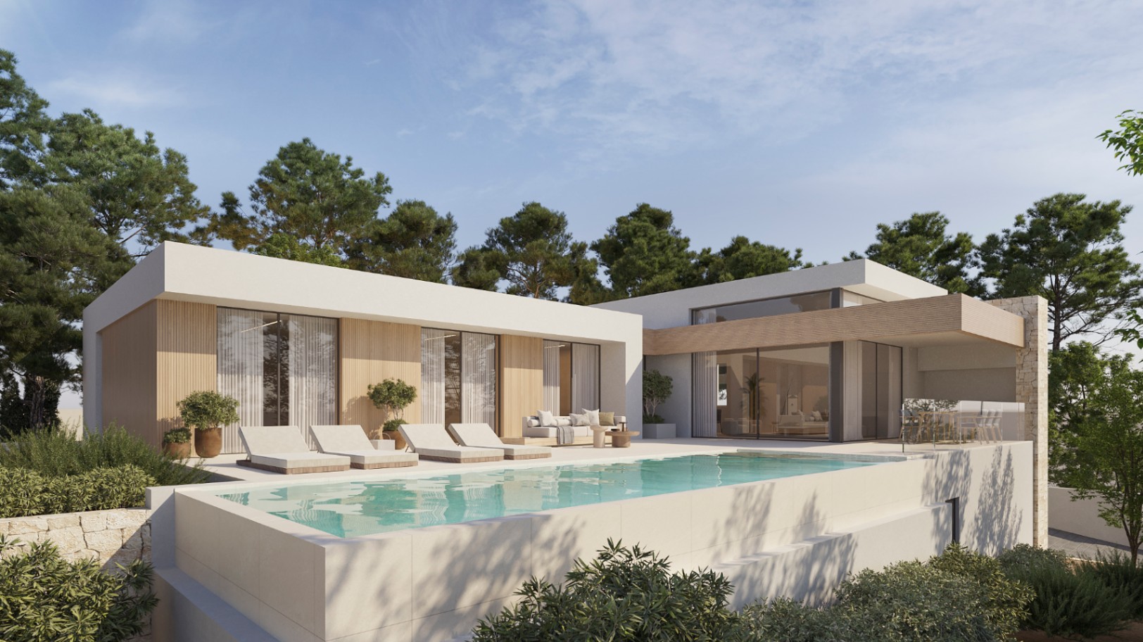 Modern villa exterior featuring an infinity pool, wood-cladded walls, and large glass sliders. The spacious terrace offers sun loungers and a lounge area.