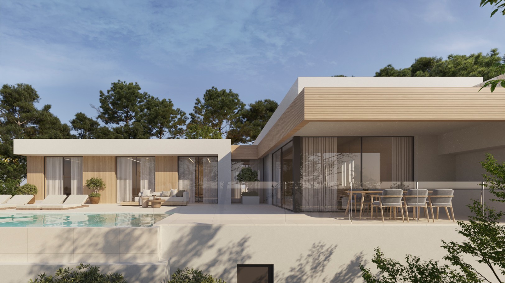 Modern villa exterior featuring wood-slat accents, a spacious terrace with outdoor dining, lounge area, and an infinity pool set against a pine forest.
