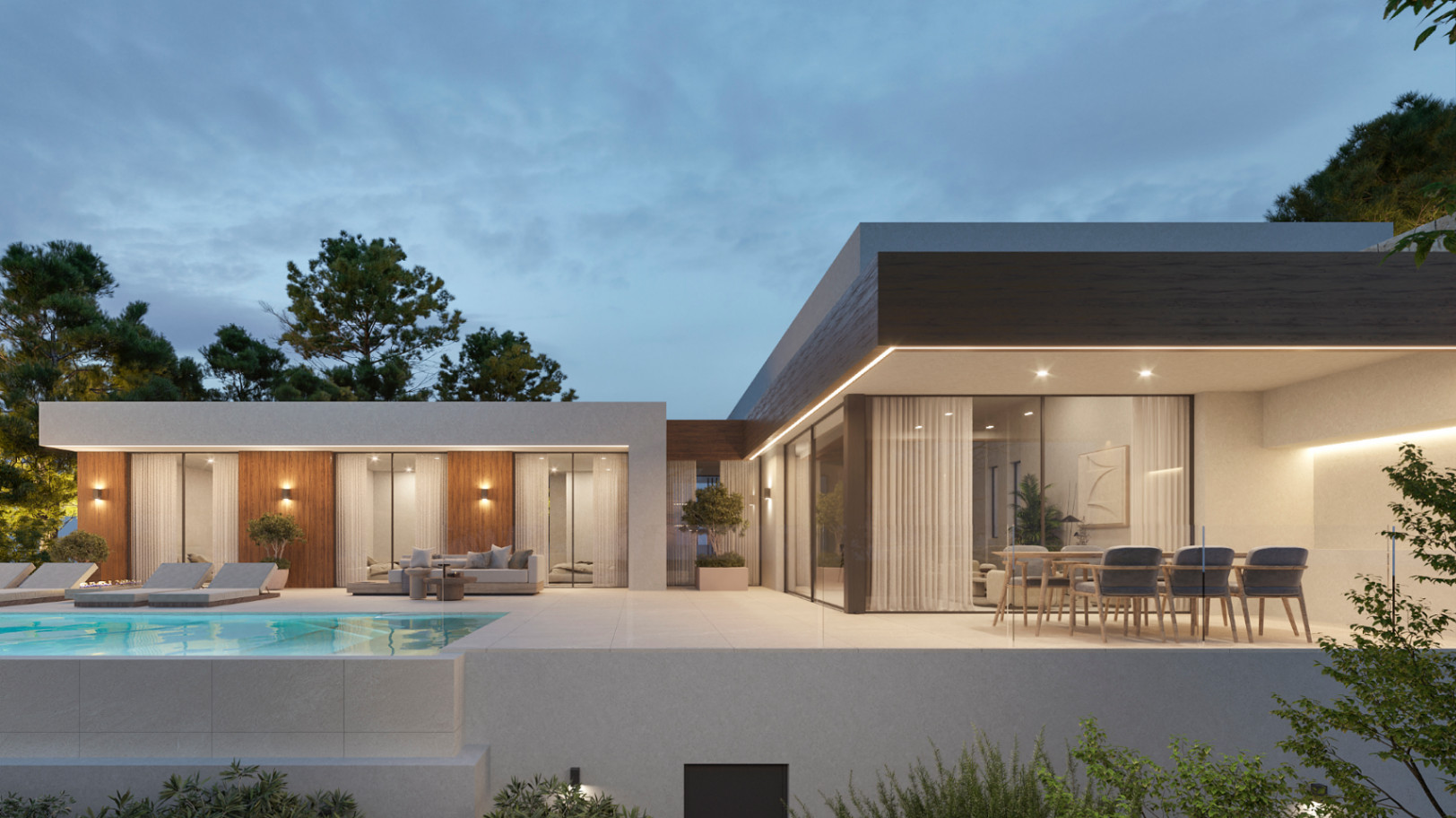 Modern villa facade featuring perimeter LED lighting, porcelain terrace, outdoor dining area, and an infinity pool integrated into the architecture.
