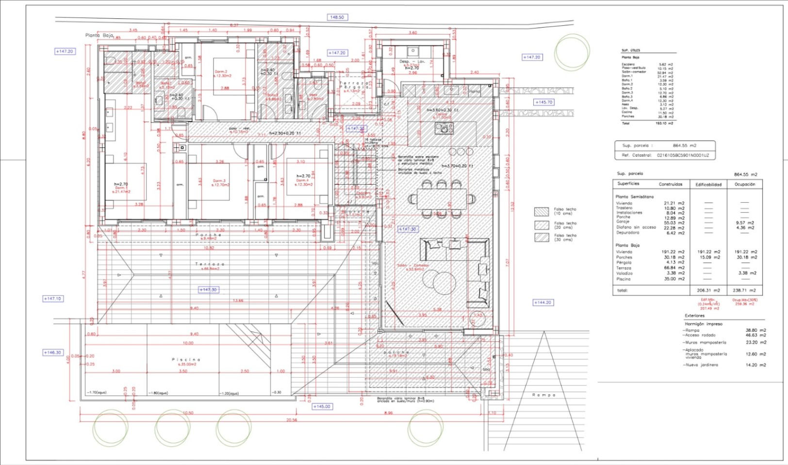 Technical floor plan of the ground floor illustrating the layout of four bedrooms, open-plan living area, extensive terraces, and the private swimming pool.