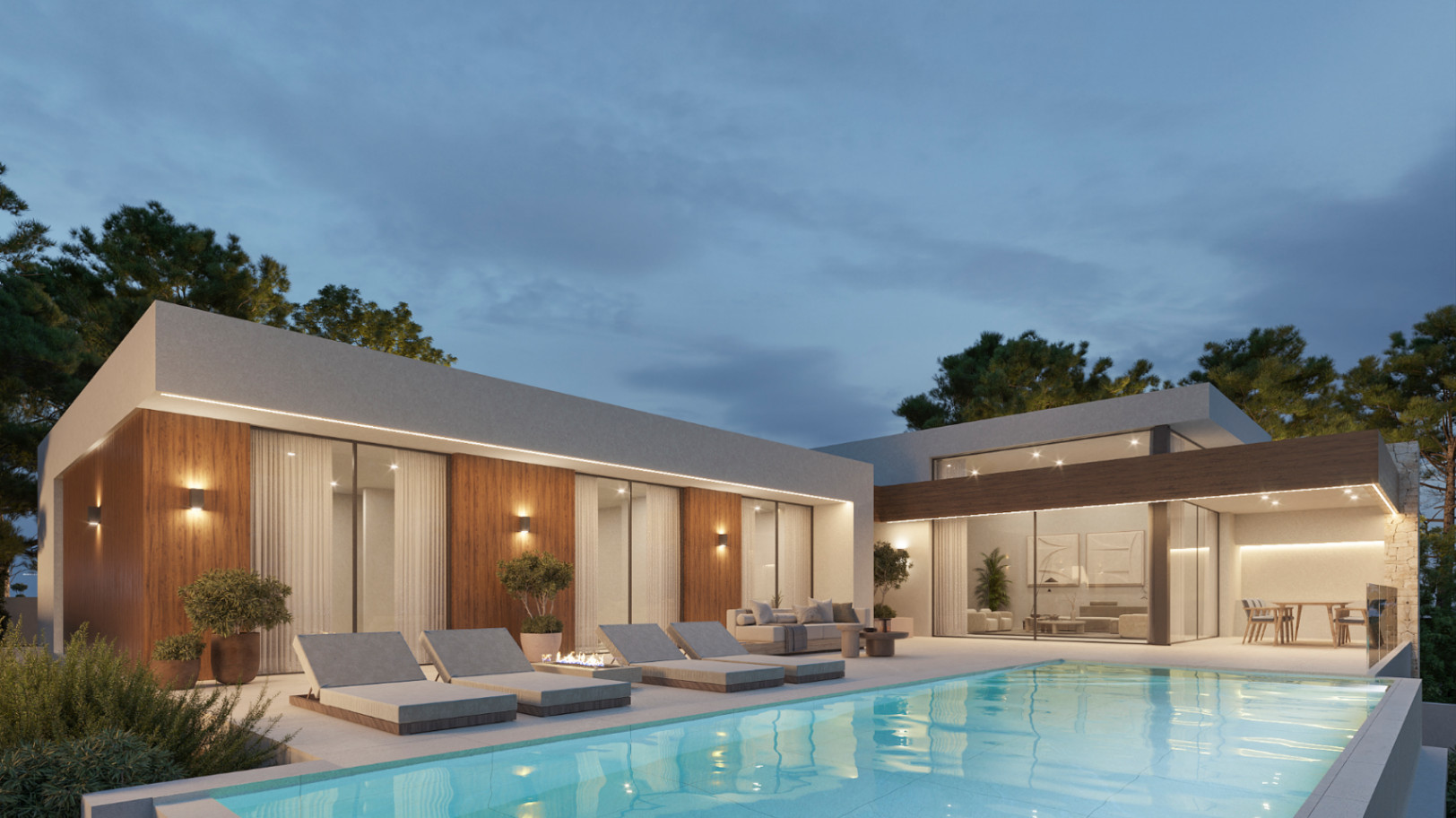 Twilight view of a modern villa featuring an infinity pool, wood-paneled facade, and expansive glass doors opening to a furnished terrace.