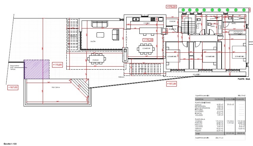 Detailed ground floor plan showing the layout of the living-dining area, integrated kitchen, three bedrooms, and outdoor space with porch and pool.