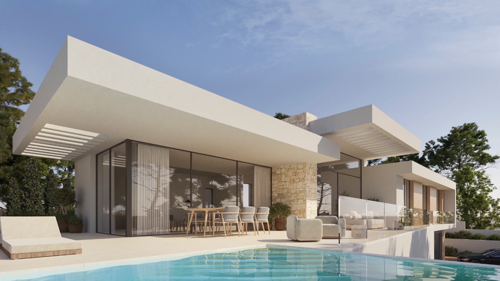 Modern facade with white cantilevered roofs, natural stone walls, and a main terrace featuring a pool and floor-to-ceiling glass windows.