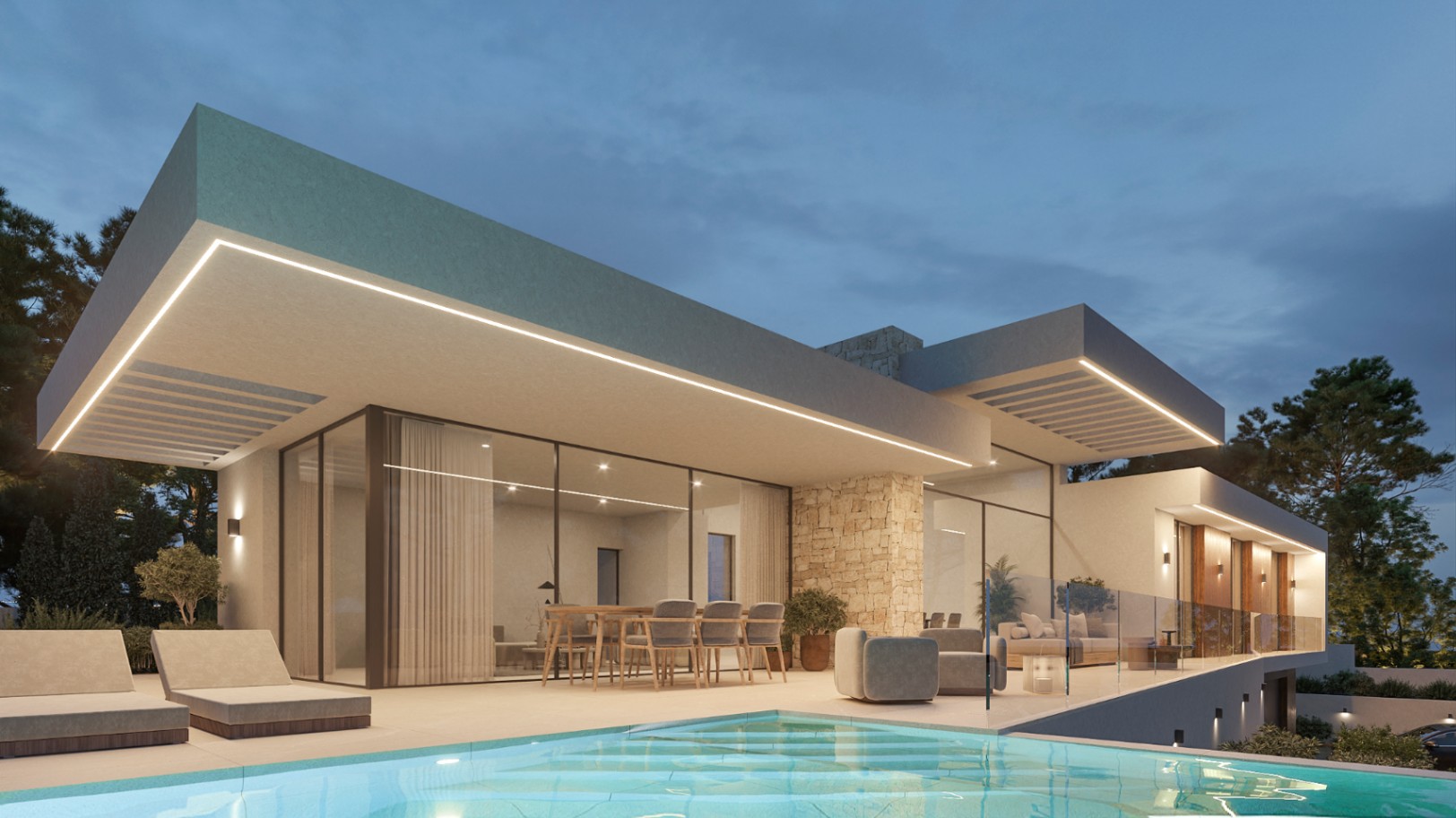 Modern villa exterior featuring an infinity pool, cantilevered roofs with LED lighting, natural stone accents, and a spacious terrace with outdoor dining and lounge areas.