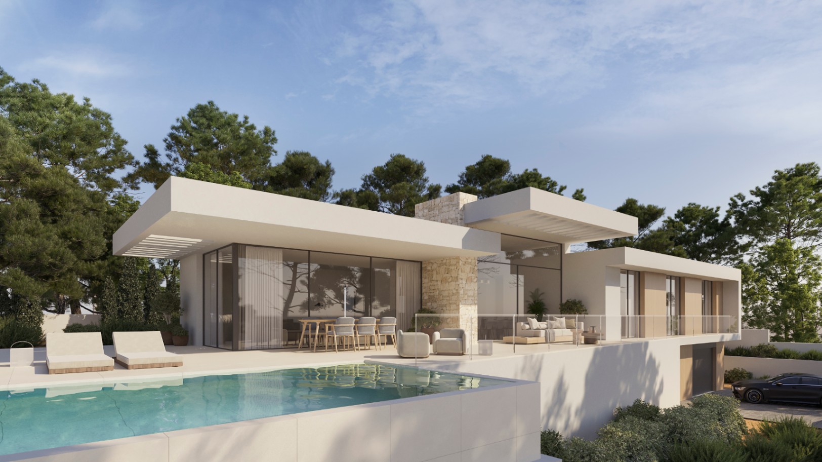 Modern villa exterior featuring an infinity pool, expansive floor-to-ceiling glazing, and a large terrace with outdoor dining and lounge areas set against a pine forest.