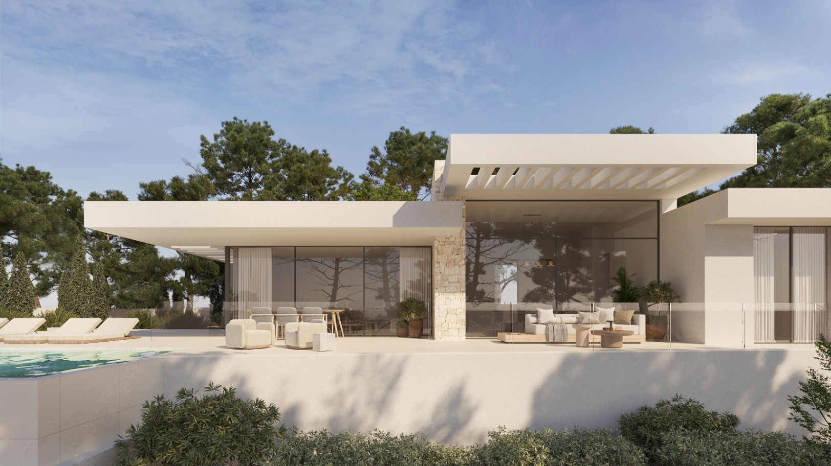 Modern villa exterior featuring floor-to-ceiling glass walls, a natural stone pillar, and a spacious terrace with a lounge area and glass railings.