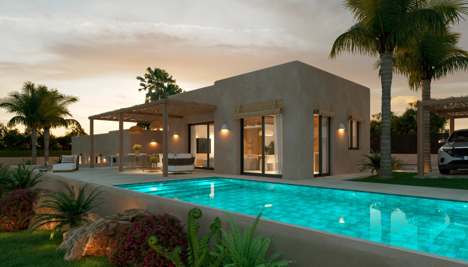 Exterior view of the villa featuring an illuminated pool, earth-toned facade, and terraces with wooden pergolas and natural fiber shades at dusk.