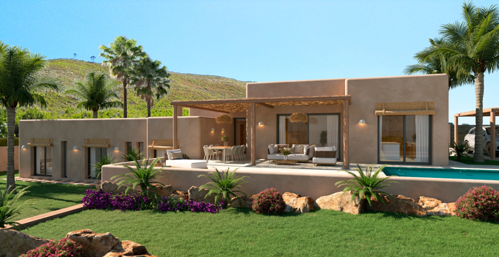 Exterior view of the villa featuring earth-toned finishes, a large wooden pergola terrace with lounge and dining areas, and a pool set within landscaped gardens.