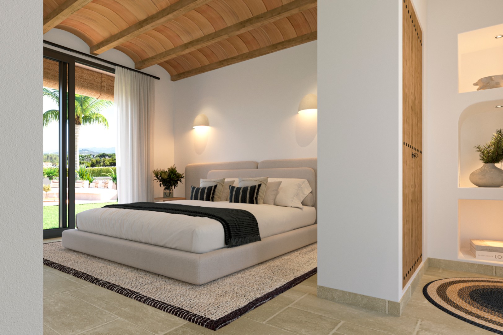 Master bedroom featuring a vaulted terracotta ceiling with wooden beams, natural stone flooring, and direct access to the garden.