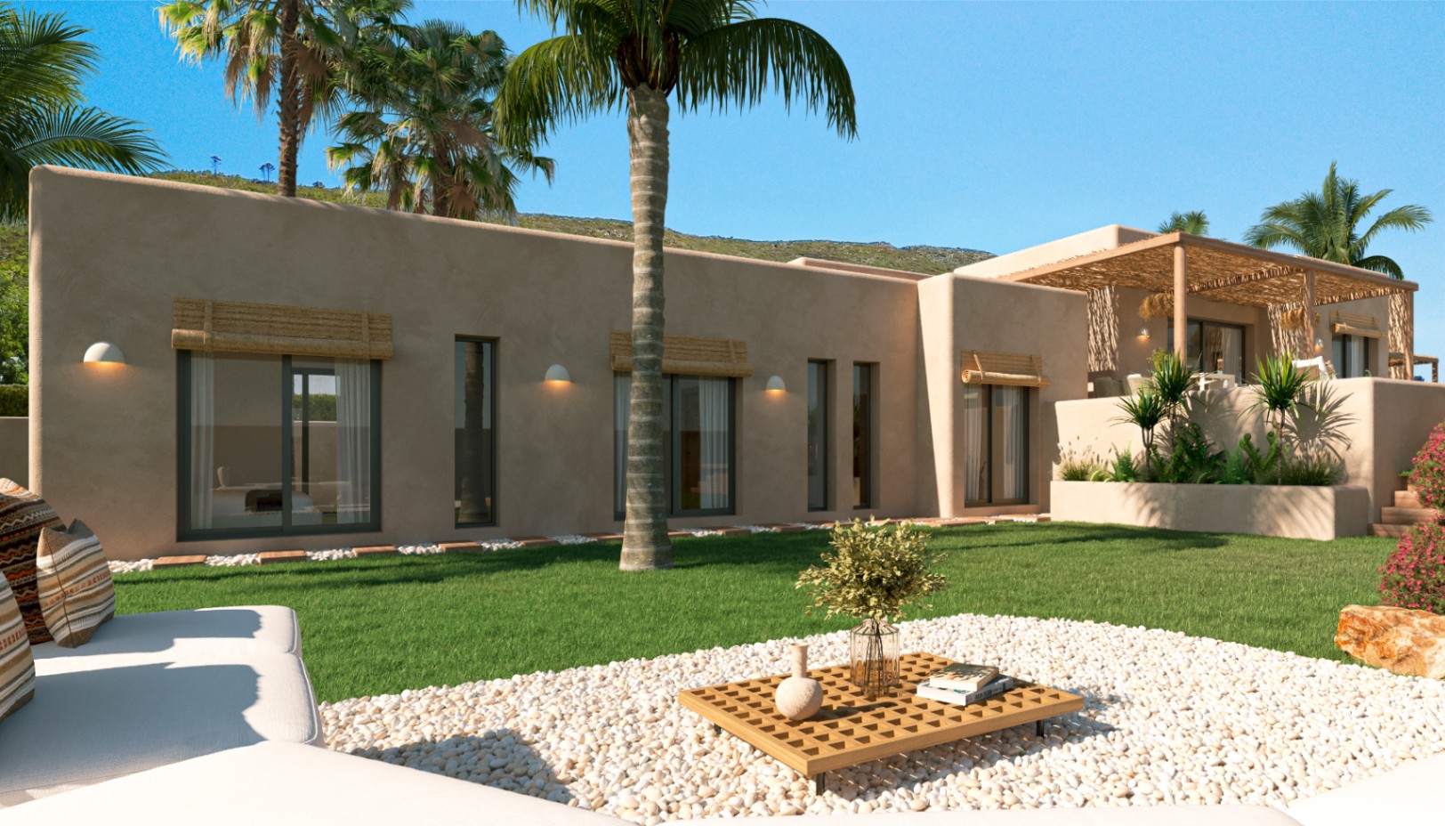 Mediterranean facade in earth tones featuring dark-framed windows, natural fiber blinds, and a garden with lawn, palm trees, and a lounge area on white gravel.