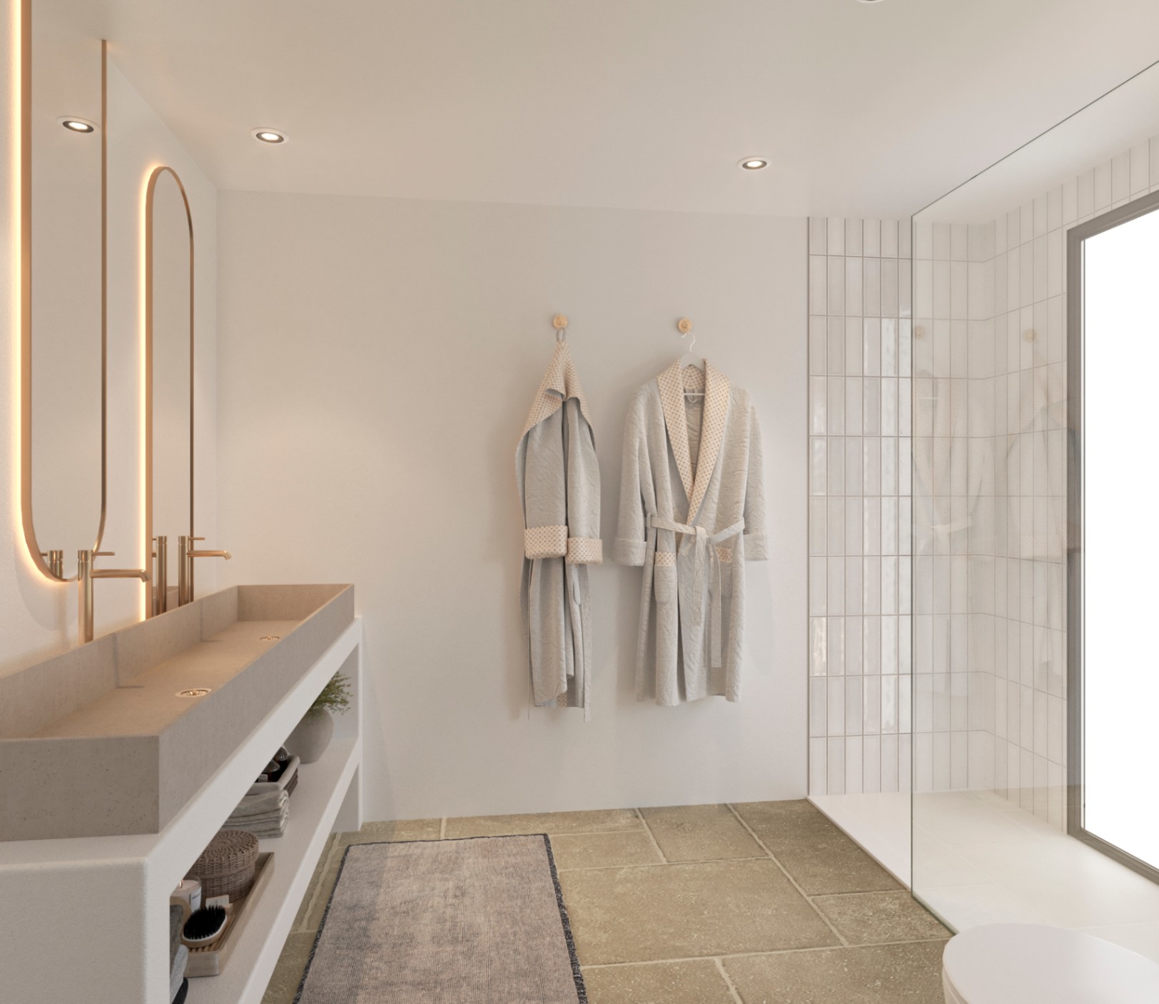 Modern bathroom featuring a double stone vanity with brass faucets and backlit arched mirrors. Includes a walk-in shower with vertical tiles and stone flooring.